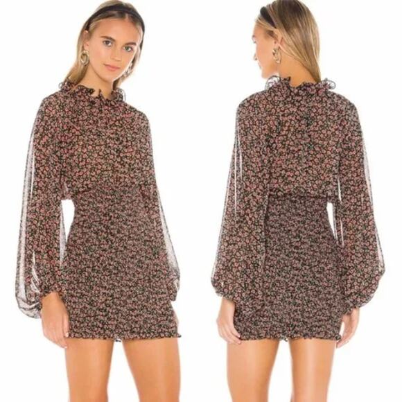 C/MEO Collective | Longevity Black Floral Sheer Smocked Long Sleeve Mini Dress - Picture 2 of 12